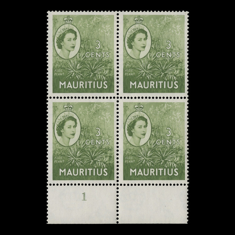 Mauritius 1954 (MMH) 3c Aloe Plant plate 1 block