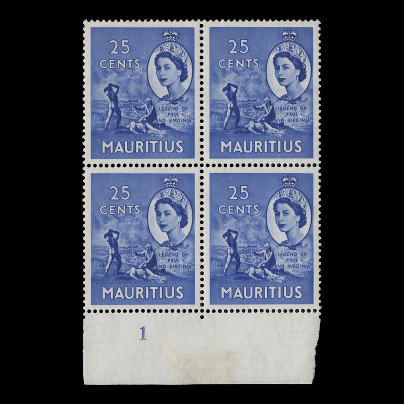 Mauritius 1953 (MMH) 25c Legend of Paul and Virginia plate 1 block