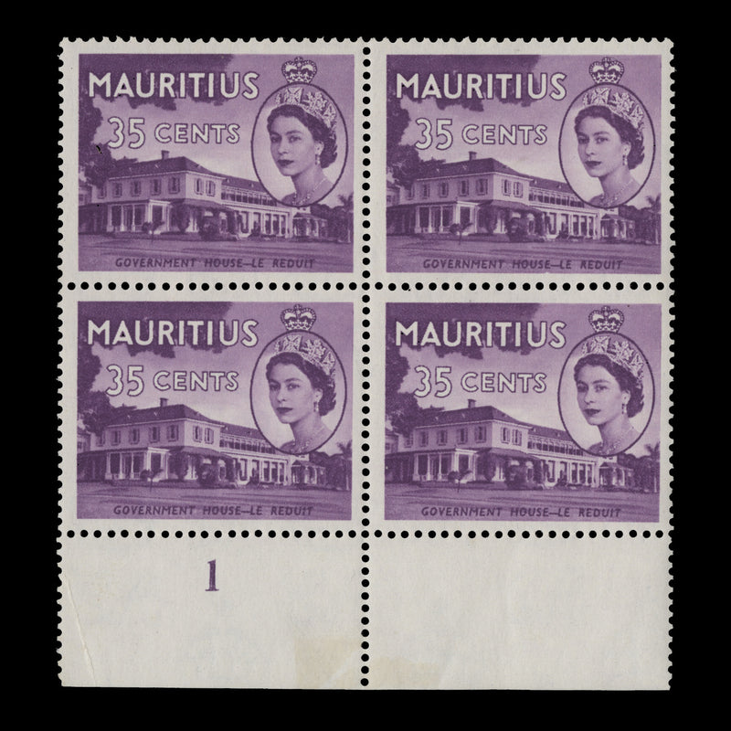 Mauritius 1954 (MMH) 35c Government House plate 1 block