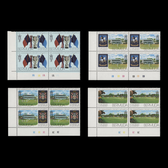 Bermuda 1976 (MNH) Cricket Cup Anniversary plate blocks