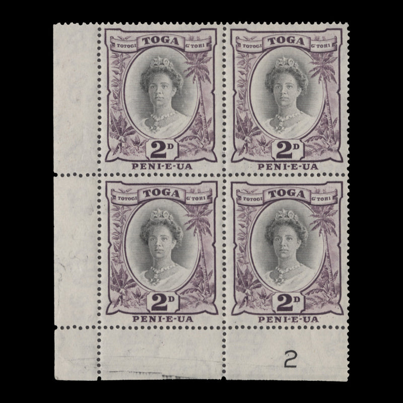 Tonga 1949 (MNH) 2d Queen Salote plate 2 block, type III, script CA watermark