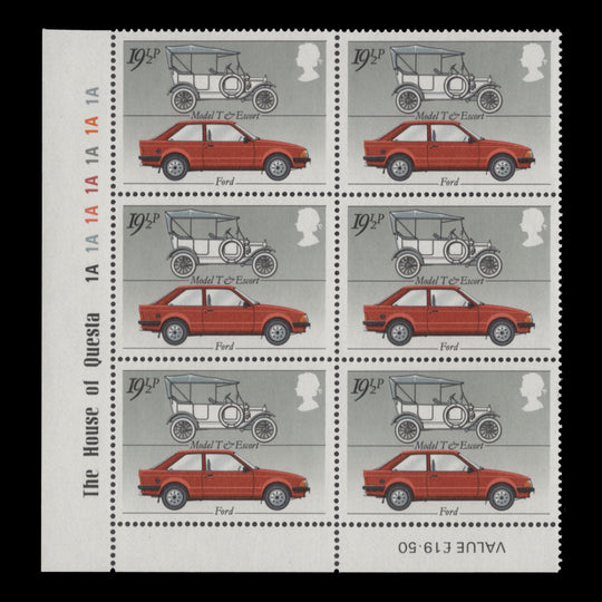 Great Britain 1982 (MNH) 19½p British Motor Industry plate 1A–1A–1A–1A–1A–1A–1A block