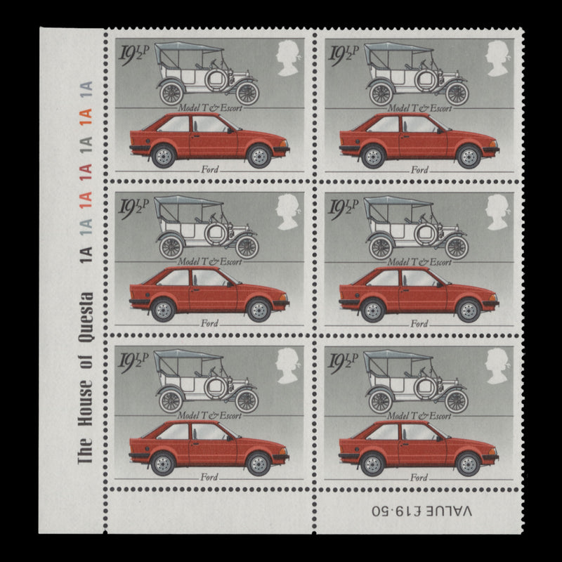 Great Britain 1982 (MNH) 19½p British Motor Industry plate 1A–1A–1A–1A–1A–1A–1A block