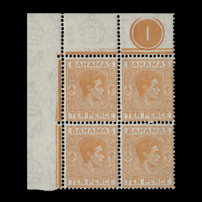 Bahamas 1946 (MLH) 10d Yellow-Orange plate 1 block