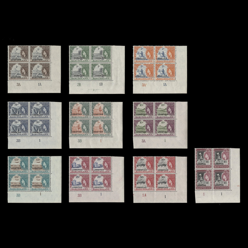 Lesotho 1966 (MLH) Provisionals plate blocks, script CA watermark