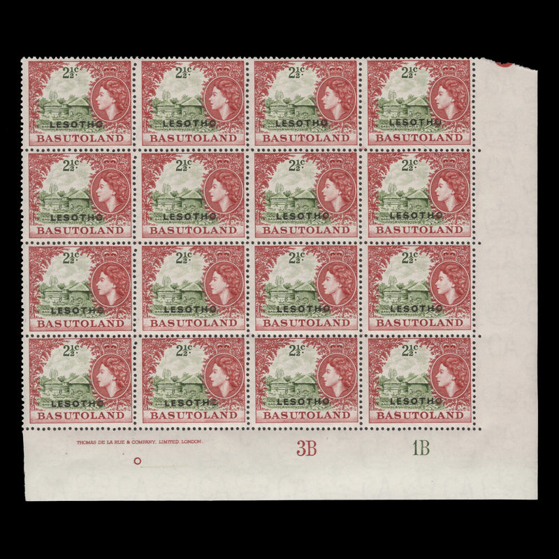 Lesotho 1966 (MLH) 2½c Basuto Household imprint/plate 3B–1B block
