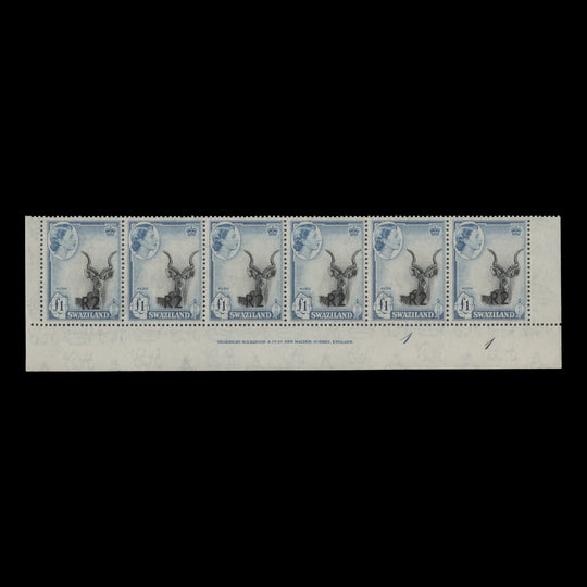 Swaziland 1961 (MNH) R2/£1 Kudu imprint/plate 1–1 strip, type II bottom