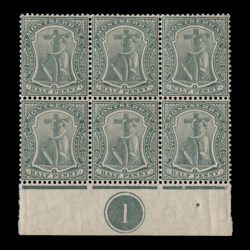 Montserrat 1910 (MNH) ½d Green plate 1 block, multiple crown watermark