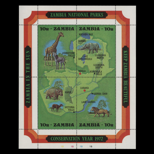 Zambia 1972 (MNH) National Parks miniature sheet, plate 1B–1B–1B–1B