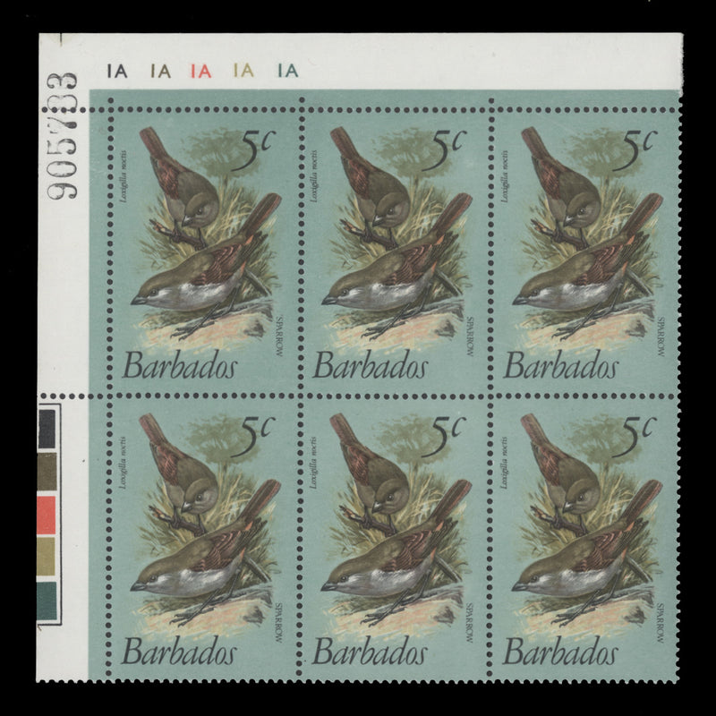 Barbados 1979 (MNH) 5c Sparrow plate 1A–1A–1A–1A–1A block
