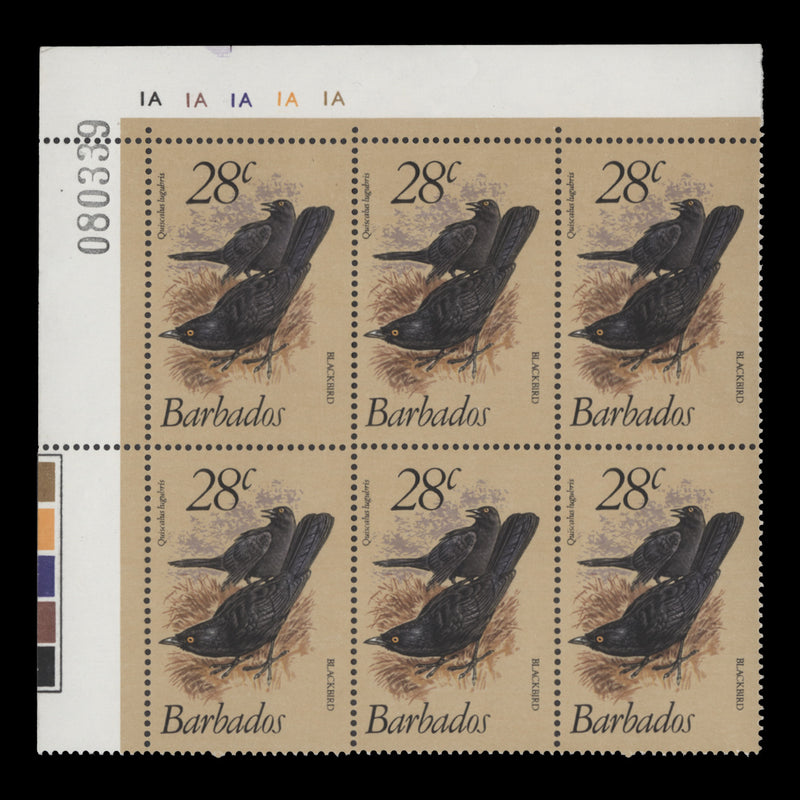 Barbados 1979 (MNH) 28c Blackbird plate 1A–1A–1A–1A–1A block