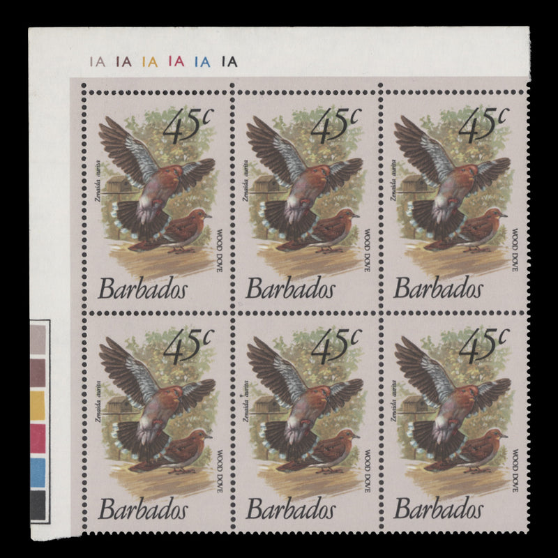 Barbados 1979 (MNH) 45c Wood Dove plate 1A–1A–1A–1A–1A–1A block