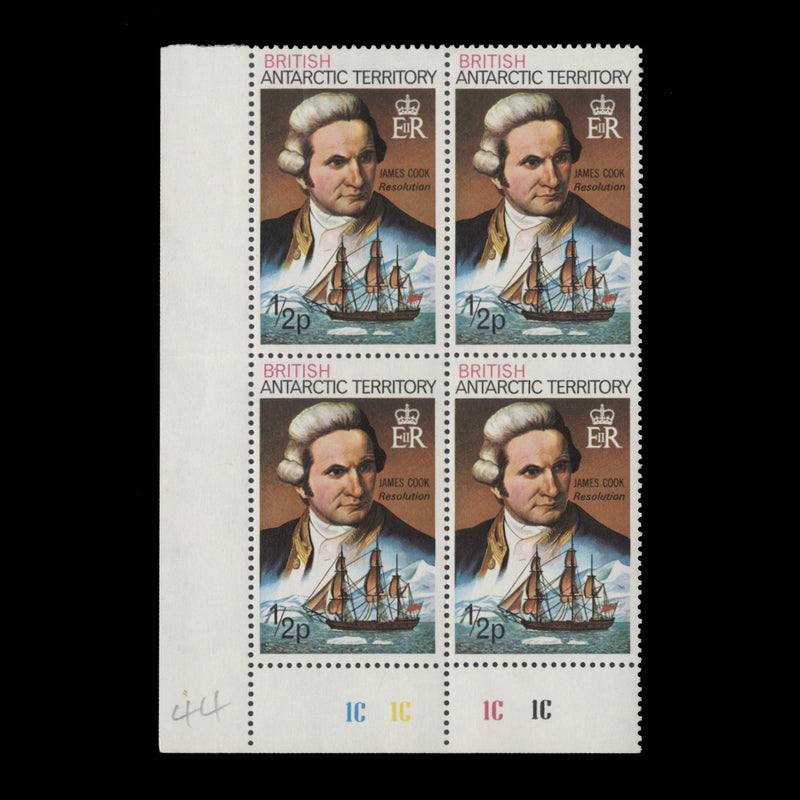 British Antarctic Territory 1973 (MNH) ½p James Cook plate 1C–1C–1C–1C block