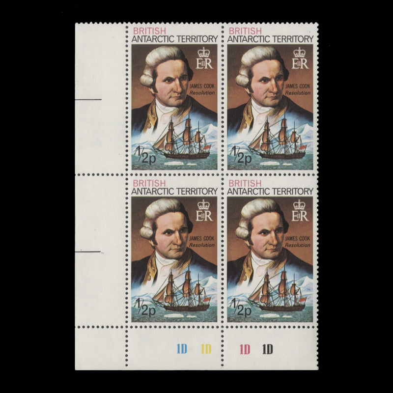 British Antarctic Territory 1973 (MNH) ½p James Cook plate 1D–1D–1D–1D block