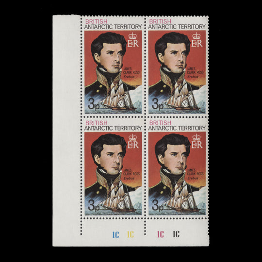 BAT 1973 (MNH) 3p James Clark Ross plate 1C–1C–1C–1C block