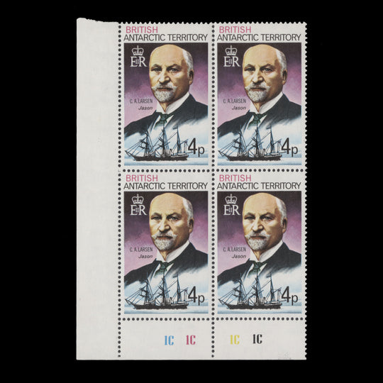 BAT 1973 (MNH) 4p C A Larsen plate 1C–1C–1C–1C block