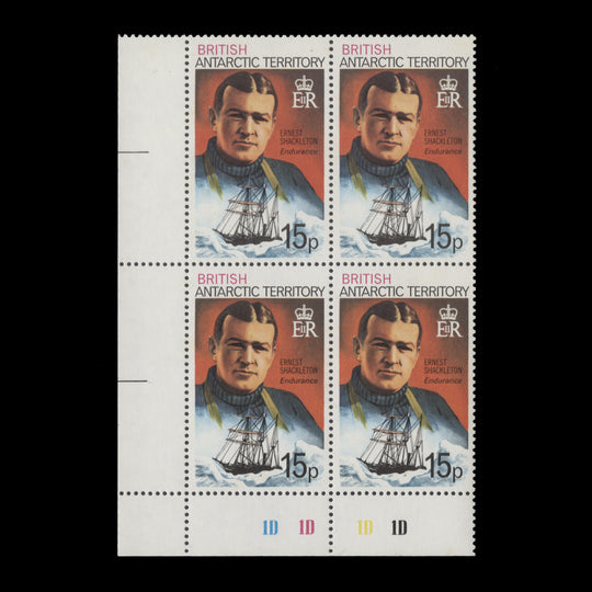 BAT 1973 (MNH) 15p Ernest Shackleton plate 1D–1D–1D–1D block