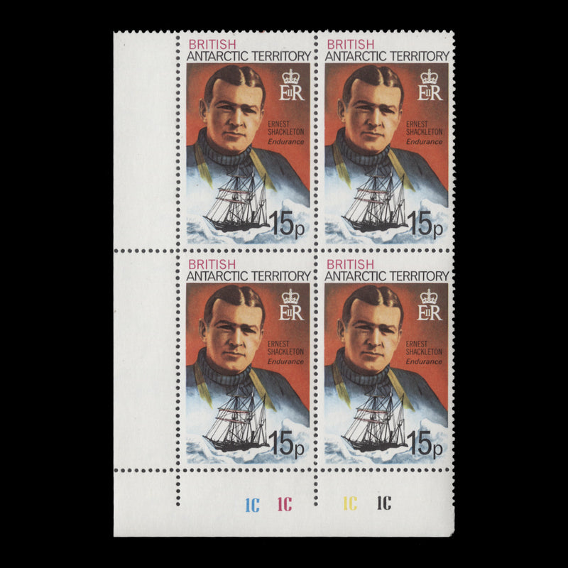 British Antarctic Territory 1979 (MNH) 15p Ernest Shackleton plate 1C–1C–1C–1C block