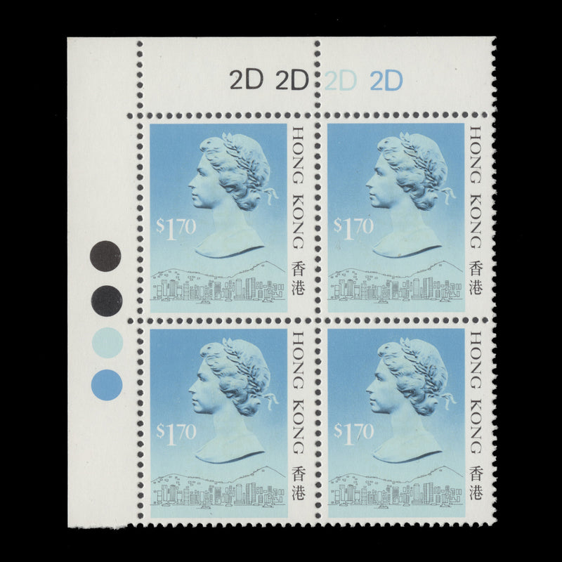 Hong Kong 1987 (MNH) $1.70 QEII plate 2D–2D–2D–2D block, type I
