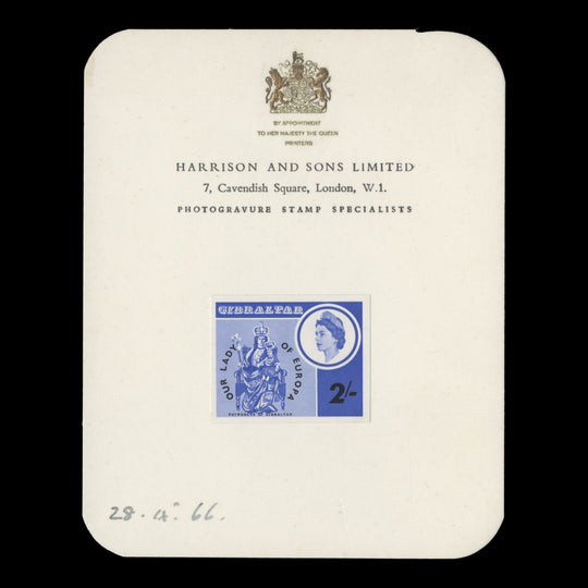 Gibraltar 1966 Our Lady of Europa imperf proof on presentation card
