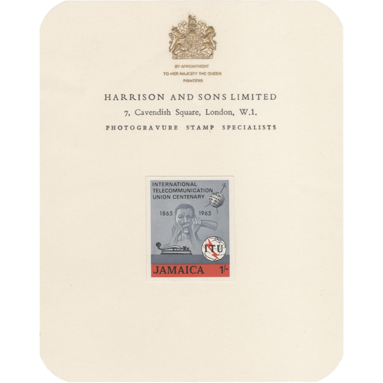 Jamaica 1965 ITU Centenary imperf proof on presentation card