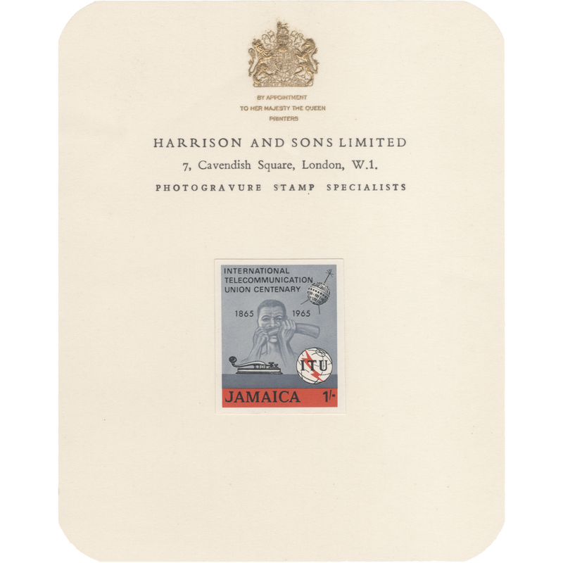 Jamaica 1965 ITU Centenary imperf proof on presentation card
