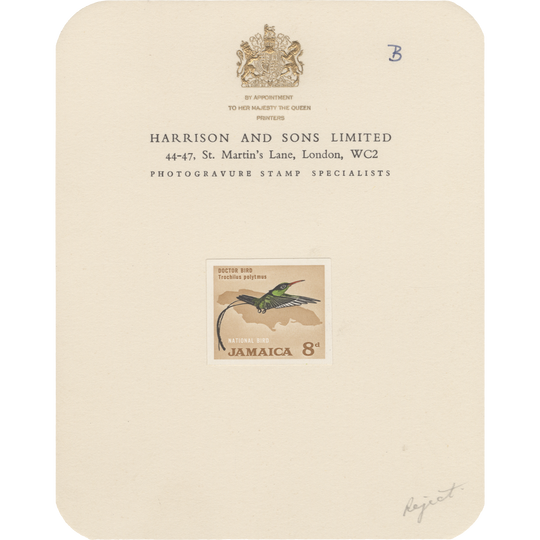 Jamaica 1964 Doctor Bird imperf colour trial on presentation card