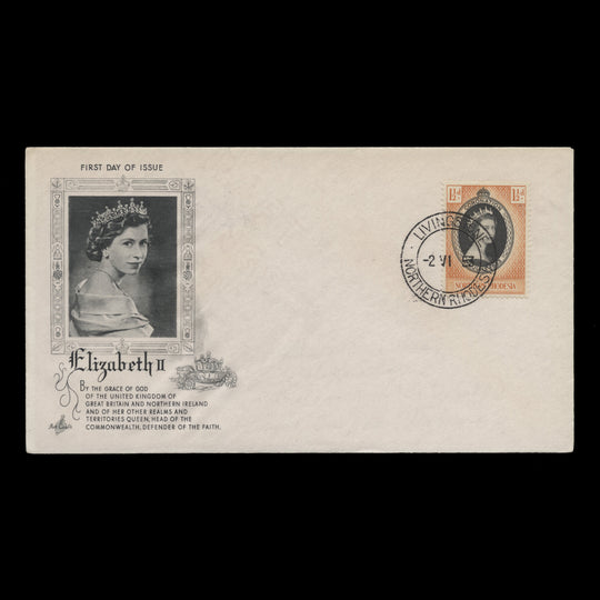 Northern Rhodesia 1953 (FDC) 1½d Coronation, LIVINGSTONE