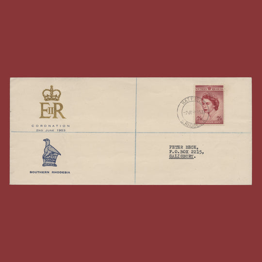 Southern Rhodesia 1953 2s6d Coronation day cover, HATFIELD