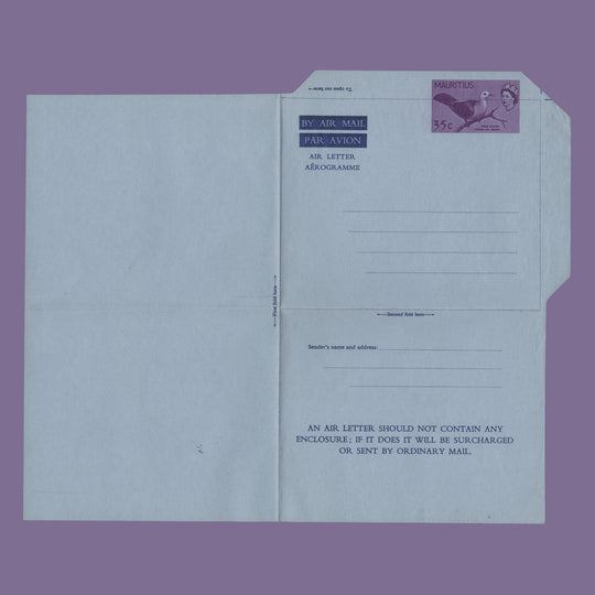 Mauritius 1965 (Variety) 35c Pink Pigeon aerogramme with shift of simulated stamp