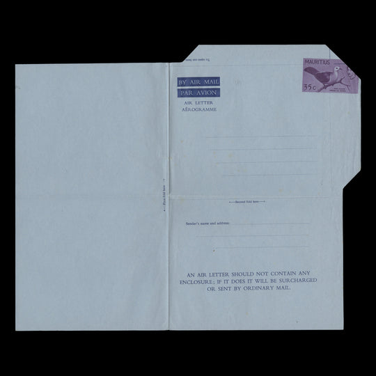 Mauritius 1965 (Variety) 35c Pink Pigeon aerogramme with shift of simulated stamp