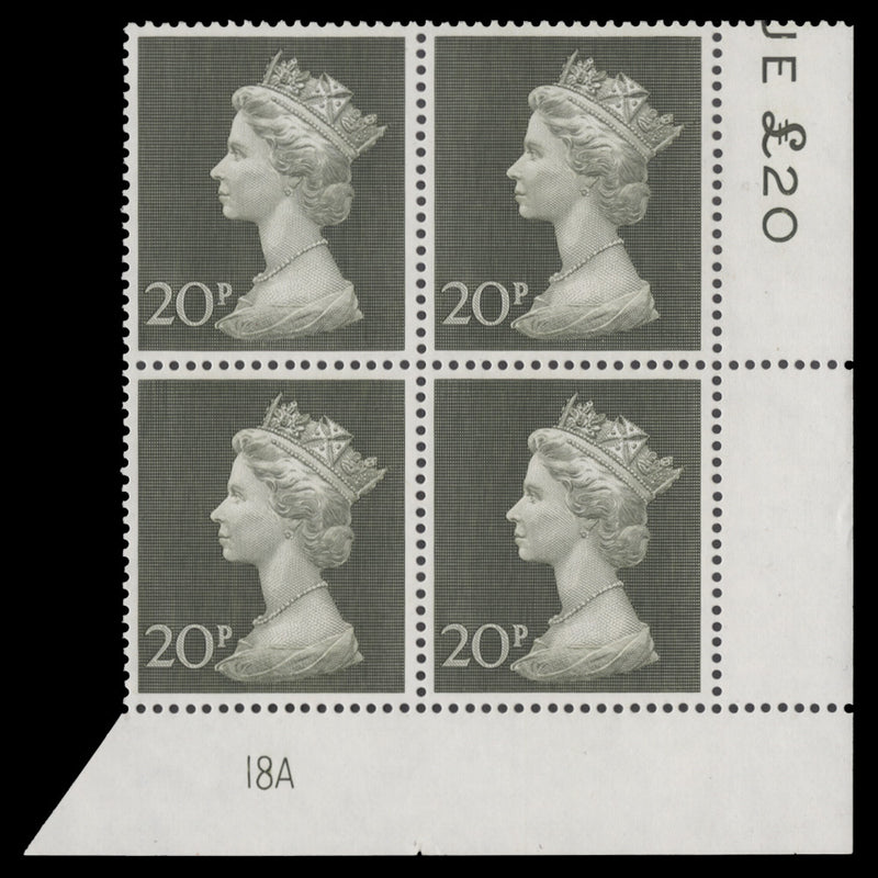 Great Britain 1970 (MNH) 20p Olive-Green plate 18A block