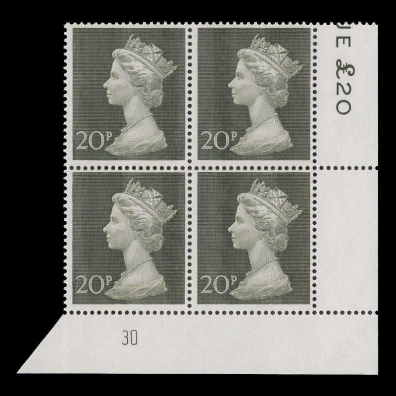 Great Britain 1970 (MNH) 20p Olive-Green plate 30 block