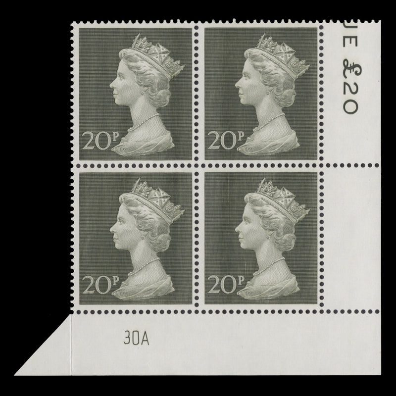 Great Britain 1970 (MNH) 20p Olive-Green plate 30A block