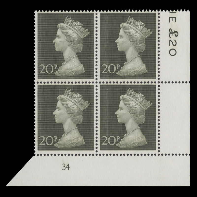 Great Britain 1970 (MNH) 20p Olive-Green plate 34 block