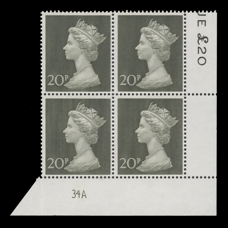 Great Britain 1970 (MNH) 20p Olive-Green plate 34A block