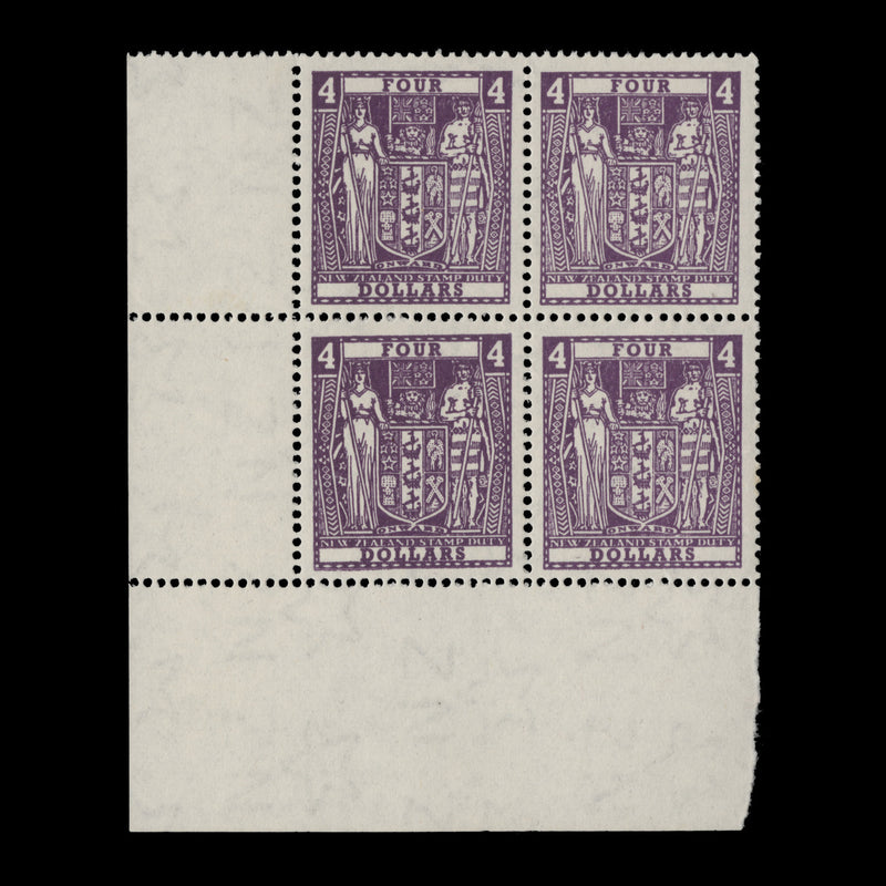 New Zealand 1968 (Variety) $4 Arms postal fiscal block with offset