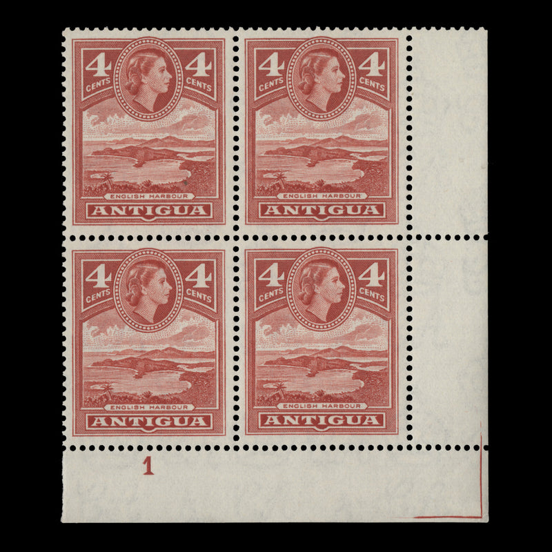 Antigua 1953 (MNH) 4c English Harbour plate 1 block, scarlet shade