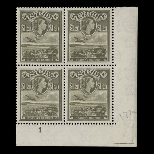 Antigua 1955 (MNH) $1.20 St John's Harbour plate 1 block, yellowish olive shade