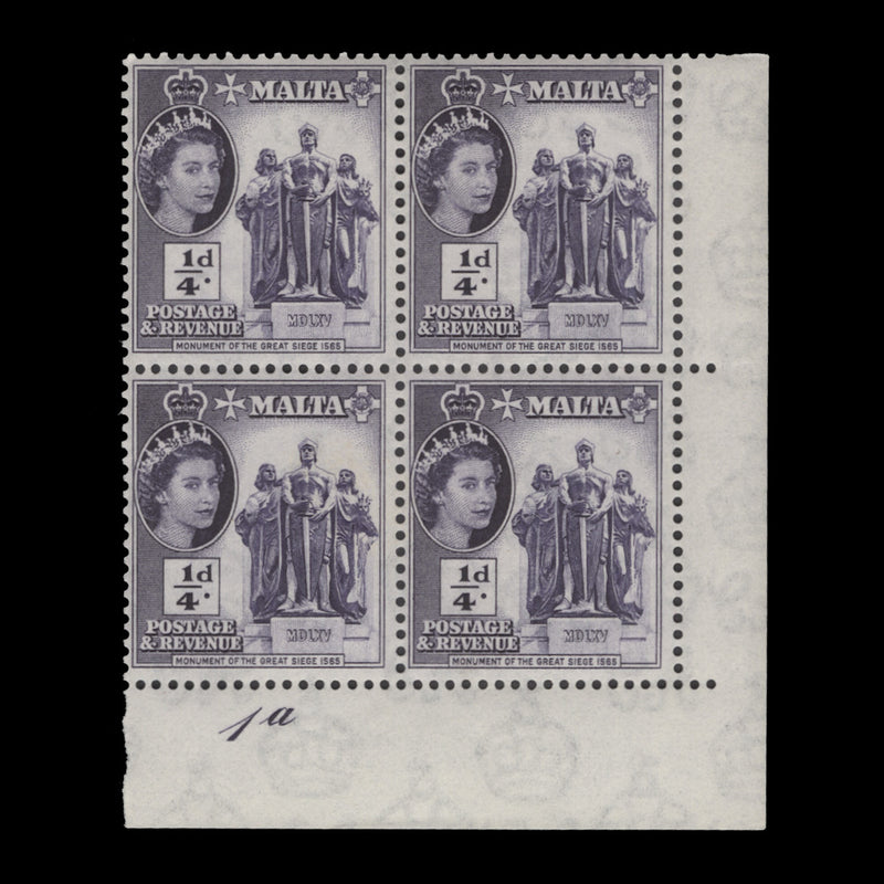 Malta 1956 (MNH) ¼d Great Siege Monument plate 1a block