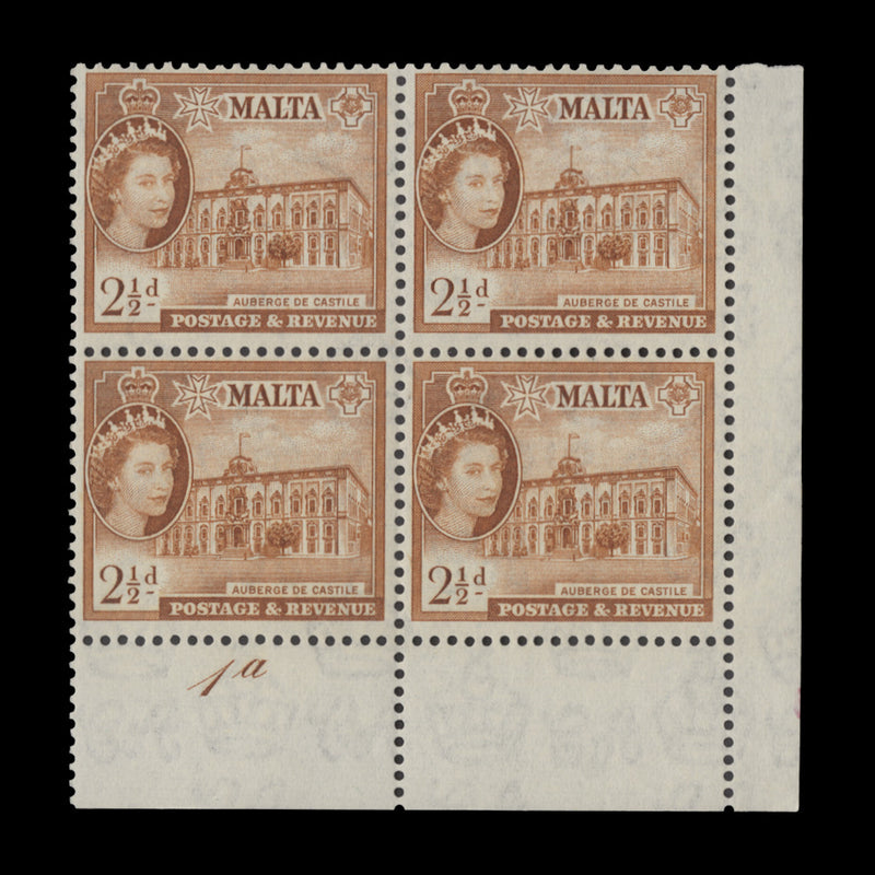 Malta 1956 (MNH) 2½d Auberge de Castile plate 1a block