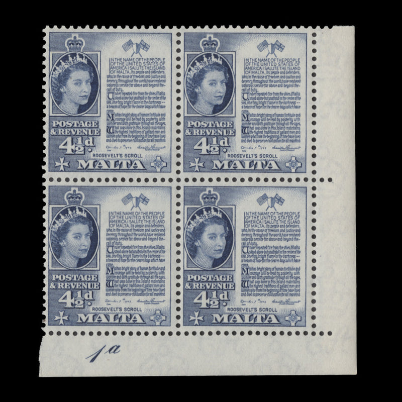 Malta 1956 (MNH) 4½d Roosevelt's Scroll plate 1a block