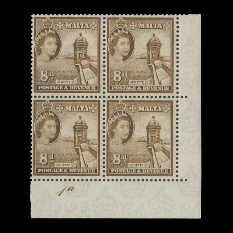 Malta 1956 (MNH) 8d Vedette plate 1a block