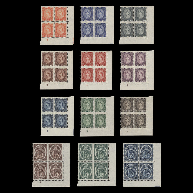 Saint Vincent 1955 (MNH) Definitives plate 1 blocks, script watermark
