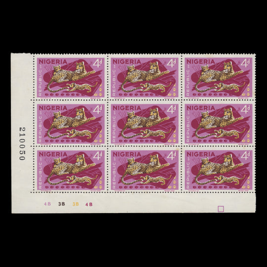 Nigeria 1969 (MNH) 4d Leopards plate 4B–3B–3B–4B block, larger imprint