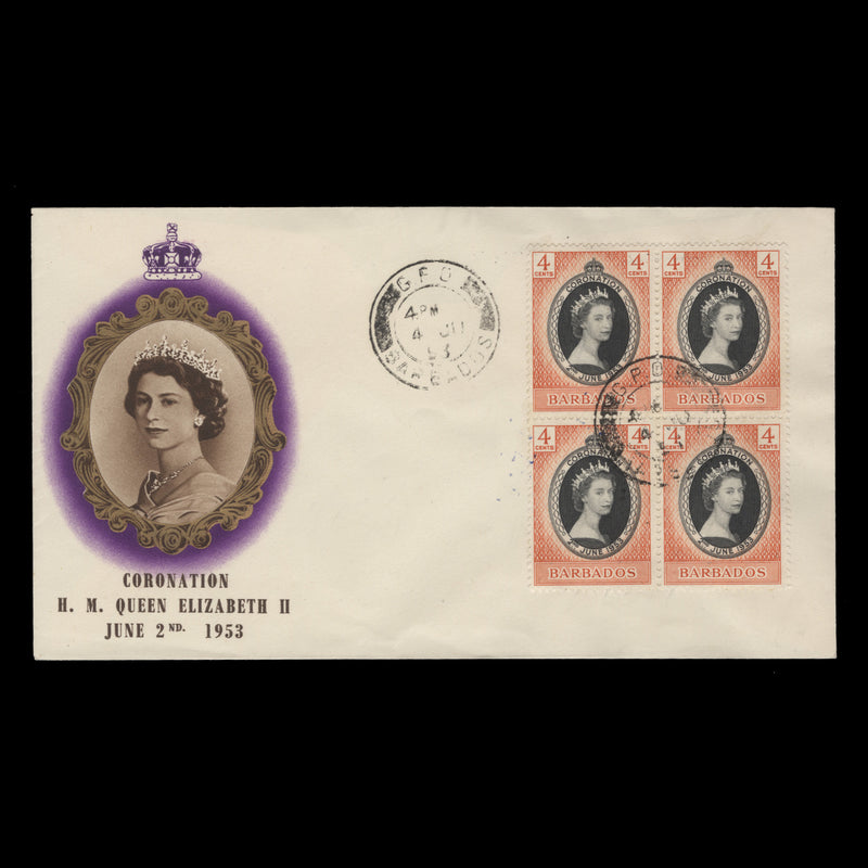 Barbados 1953 (FDC) 4c Coronation block, GPO