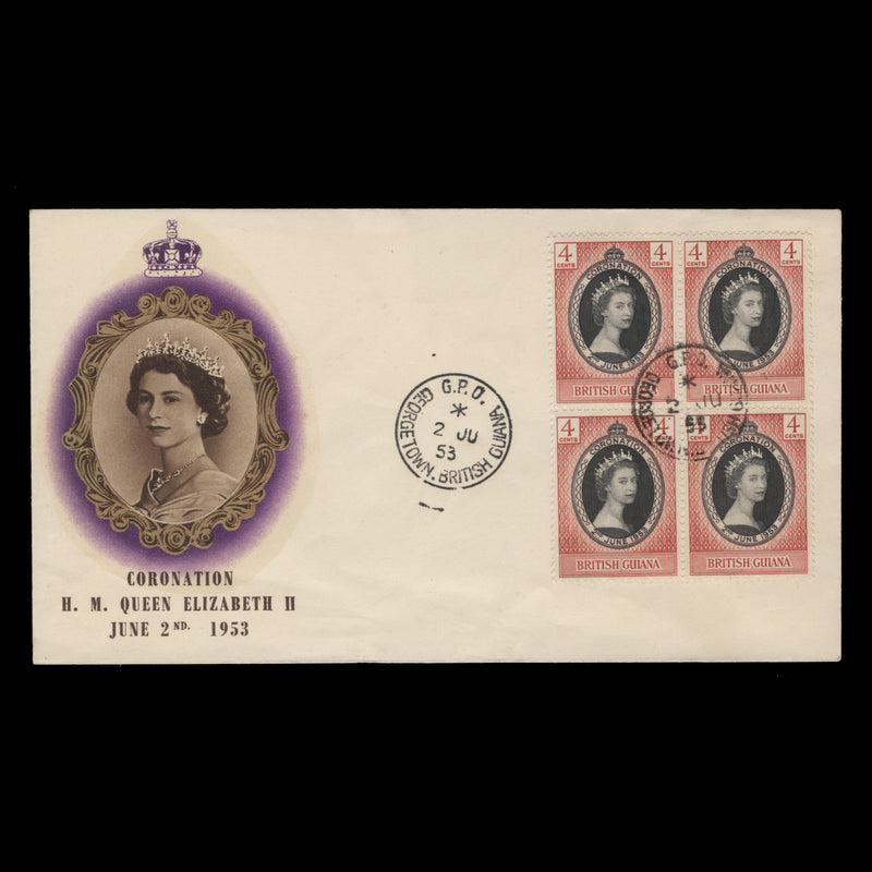 British Guiana 1953 (FDC) 4c Coronation block, GEORGETOWN
