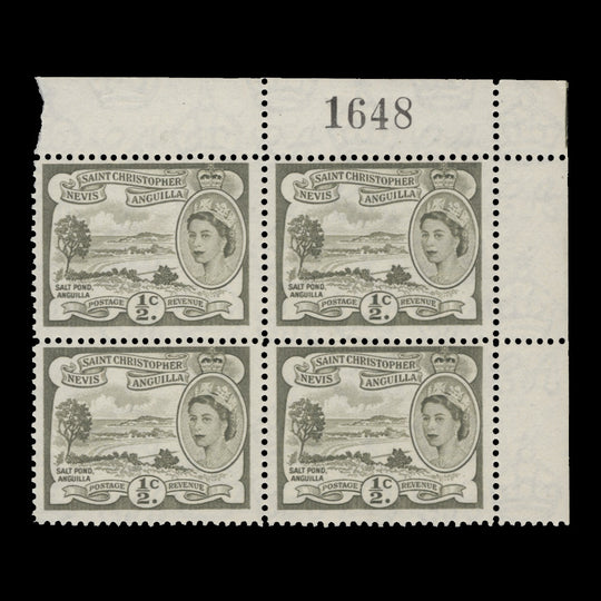 St Christopher Nevis Anguilla 1956 (MNH) ½c Salt Pond sheet number block
