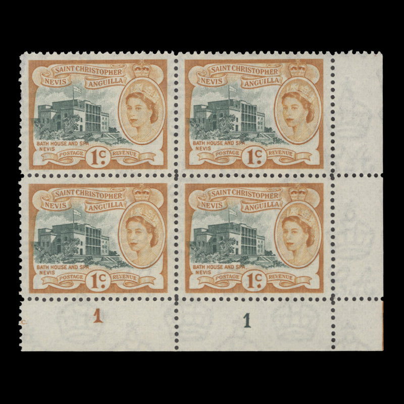 St Christopher Nevis Anguilla 1954 (MNH) 1c Bath House & Spa plate 1–1 block