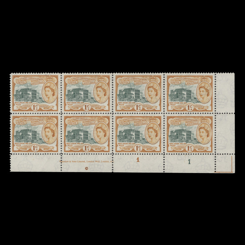 St Christopher Nevis Anguilla 1954 (MNH) 1c Bath House & Spa imprint/plate 1–1 block